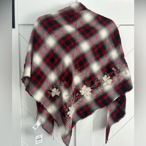 J. Jill Red and Black Plaid Scarf with Floral Embroidery